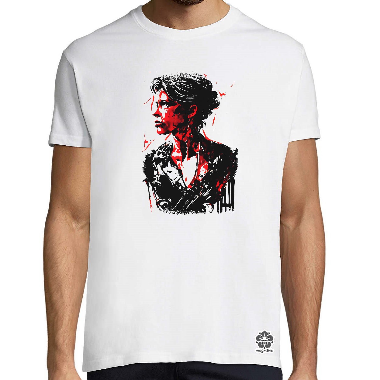 Fekete-piros Sarah Connor rajz v1 egyedi póló 