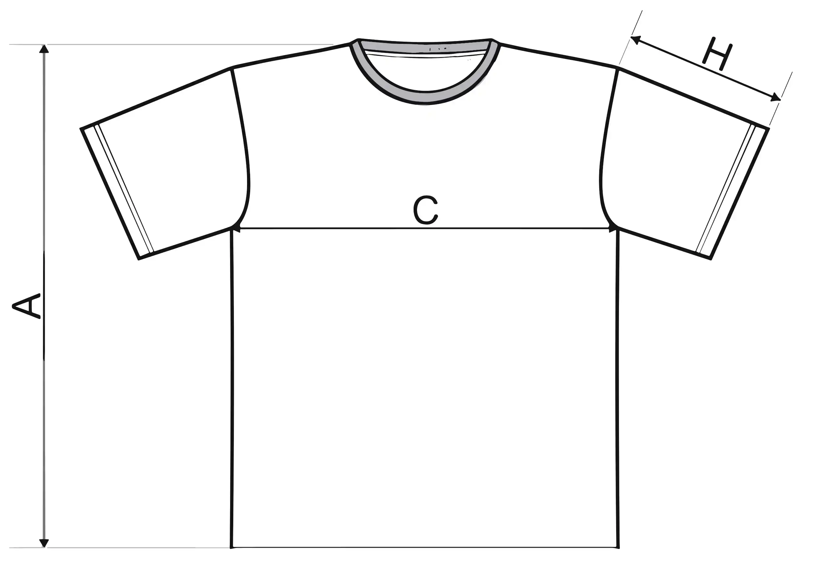 Oversize póló méretezési ábra (A: testhossz, C: mellszélesség, H: ujjhossz)