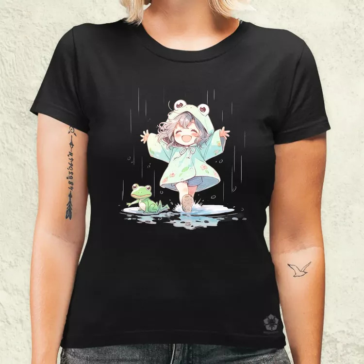Chibi lány esőben táncol v1 női póló