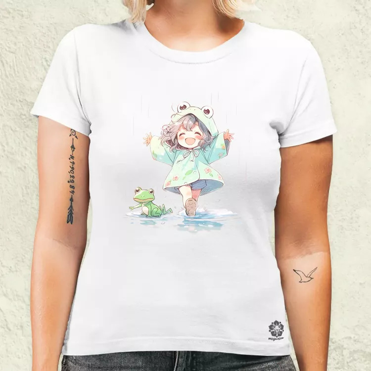 Chibi lány esőben táncol v1 női póló