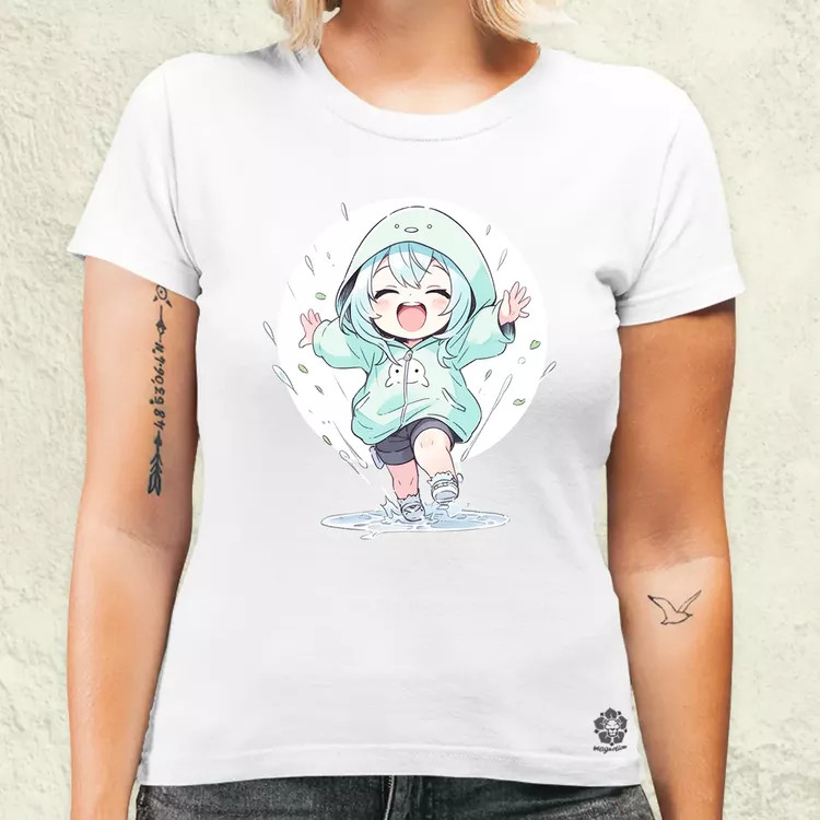 Chibi lány esőben táncol v2 női póló