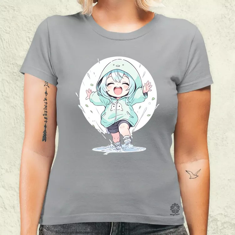 Chibi lány esőben táncol v2 női póló