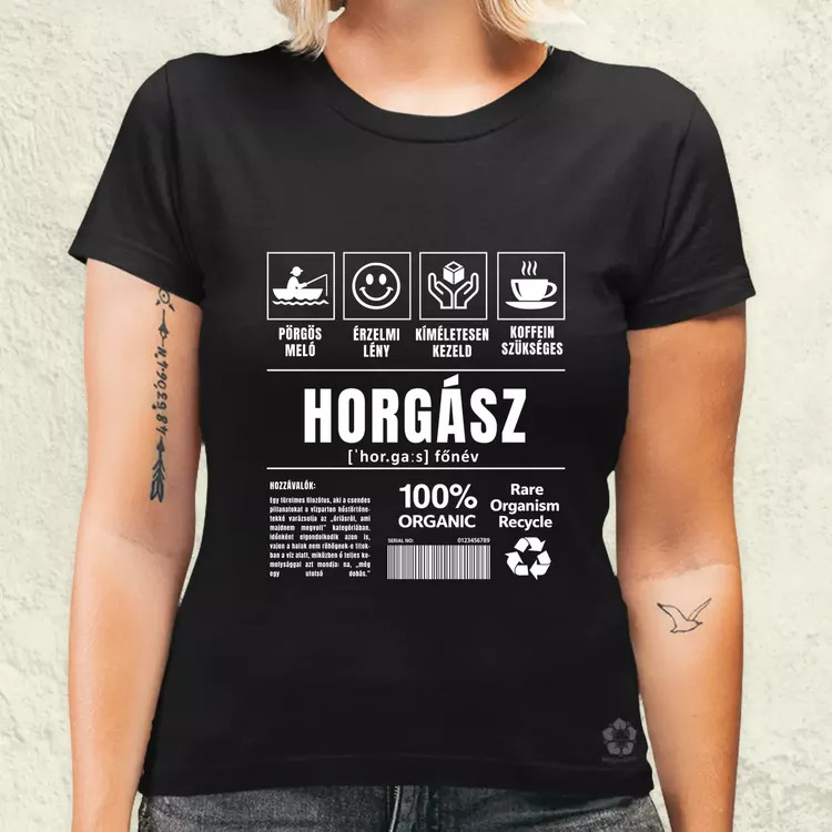 Horgász összetevői fehér női póló