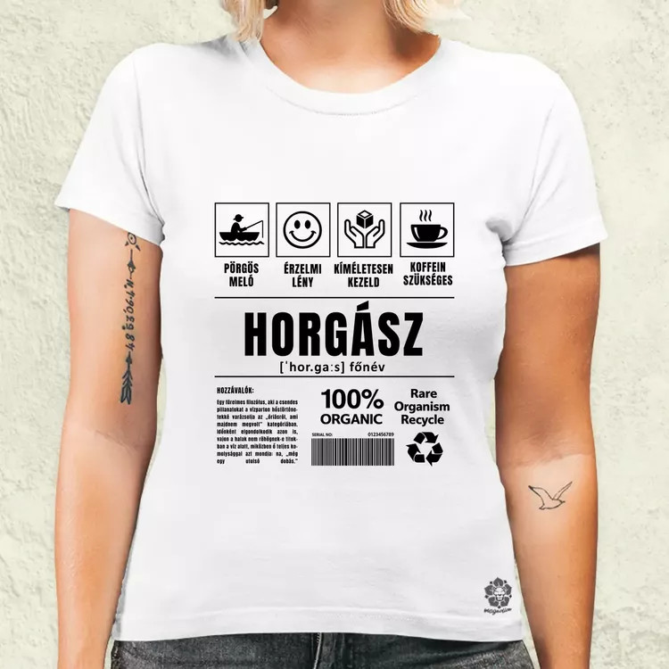 Horgász összetevői fekete női póló
