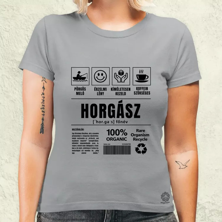 Horgász összetevői fekete női póló