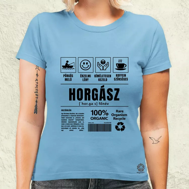 Horgász összetevői fekete női póló