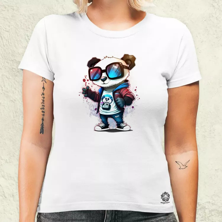 Piros-kék szemüveges panda női póló
