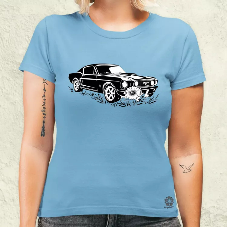 Mustang és virágok rajz v1 női póló