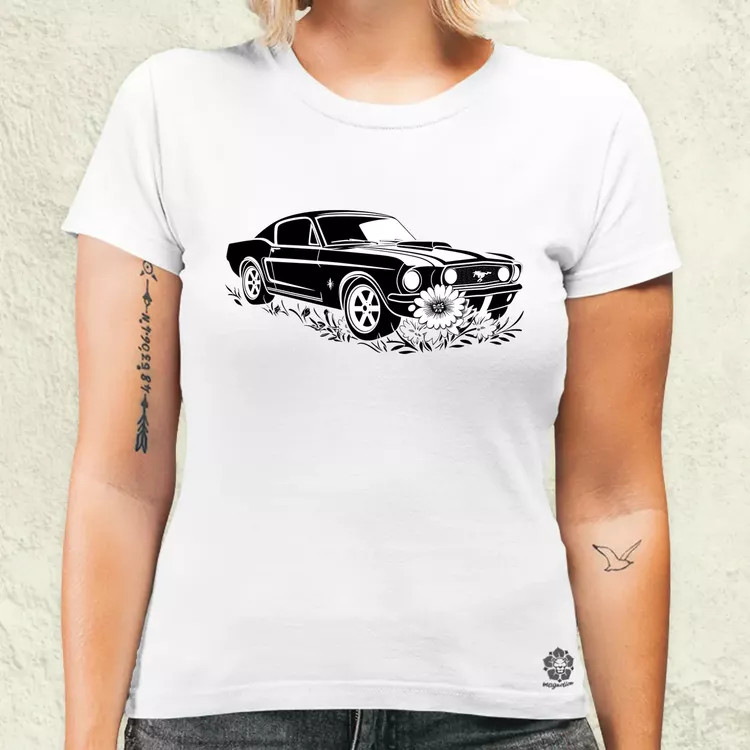 Mustang és virágok rajz v1 női póló