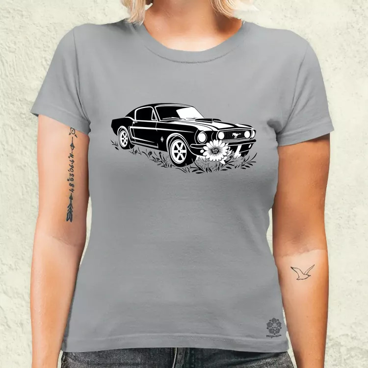 Mustang és virágok rajz v1 női póló
