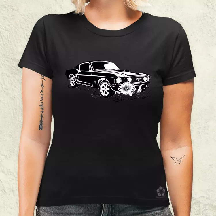 Mustang és virágok rajz v1 női póló