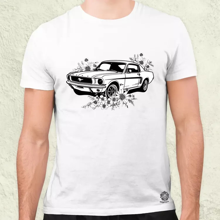 Mustang és virágok rajz v2 férfi póló