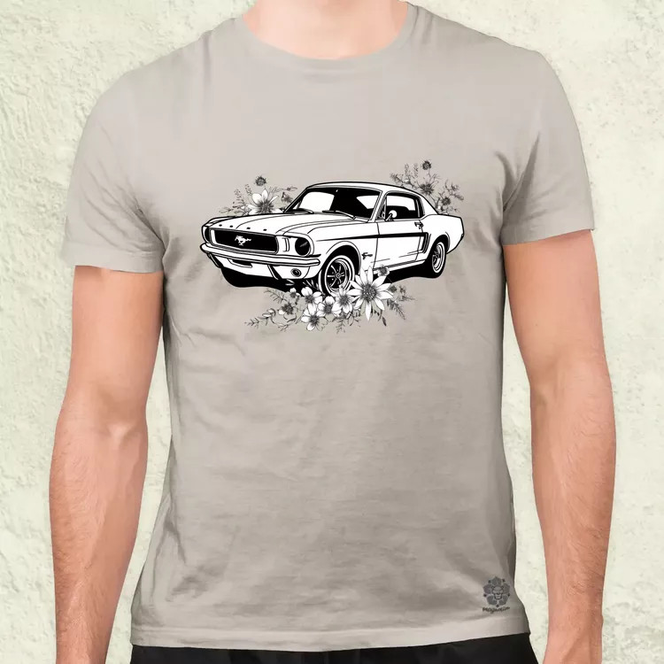 Mustang és virágok rajz v2 férfi póló
