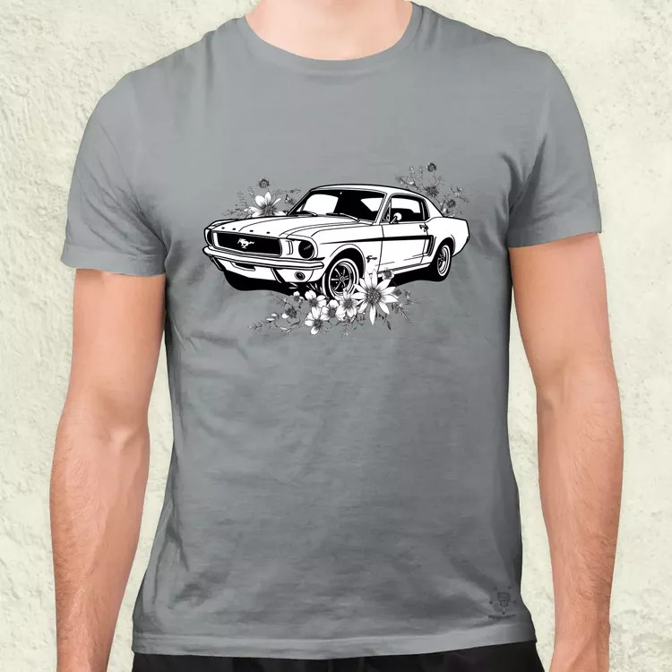 Mustang és virágok rajz v2 férfi póló