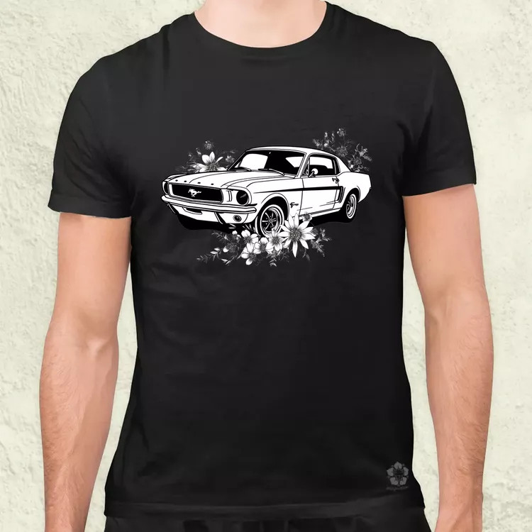Mustang és virágok rajz v2 férfi póló
