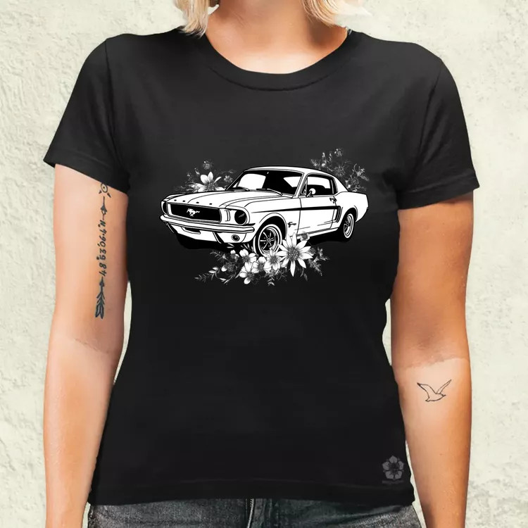 Mustang és virágok rajz v2 női póló