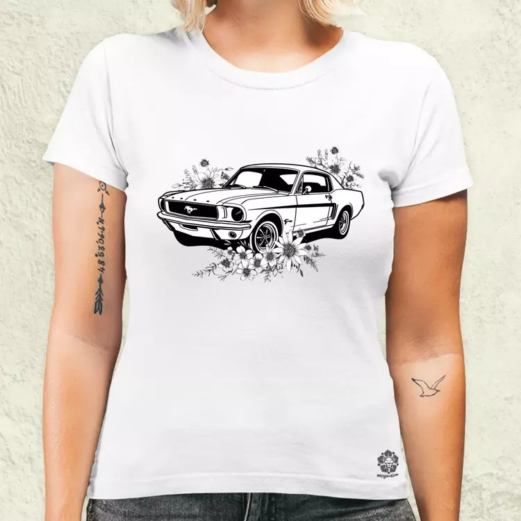 Mustang és virágok rajz v2 női póló