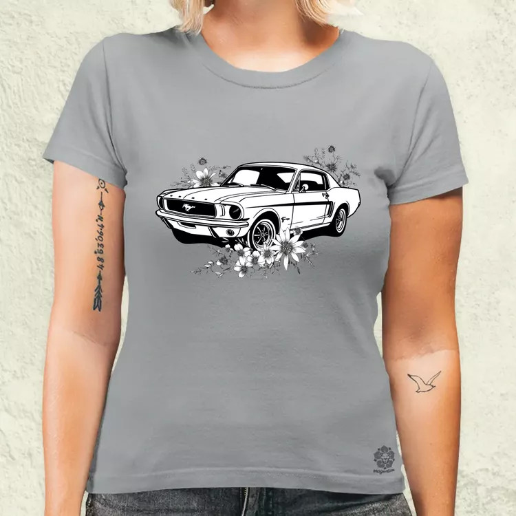 Mustang és virágok rajz v2 női póló