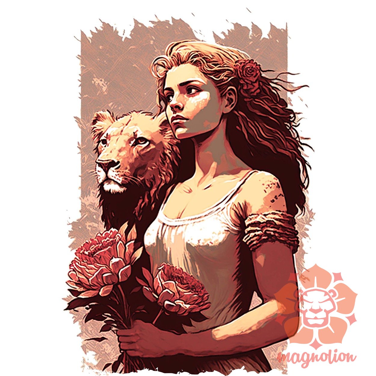 Nő és oroszlán és virágok v1