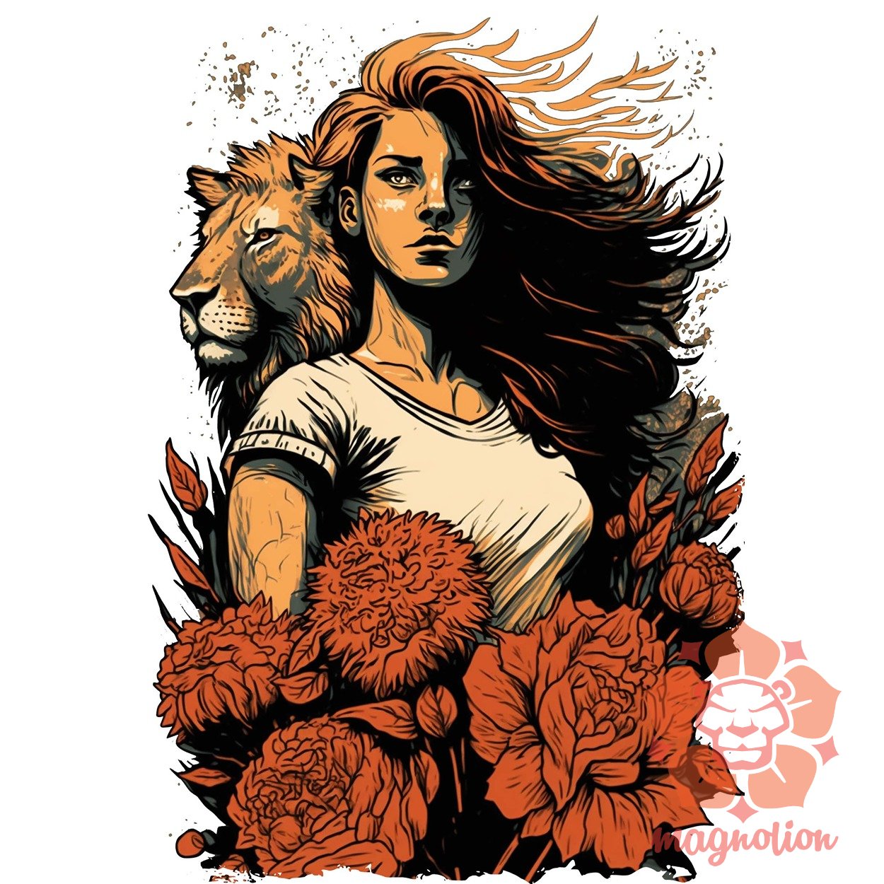 Nő és oroszlán és virágok v2