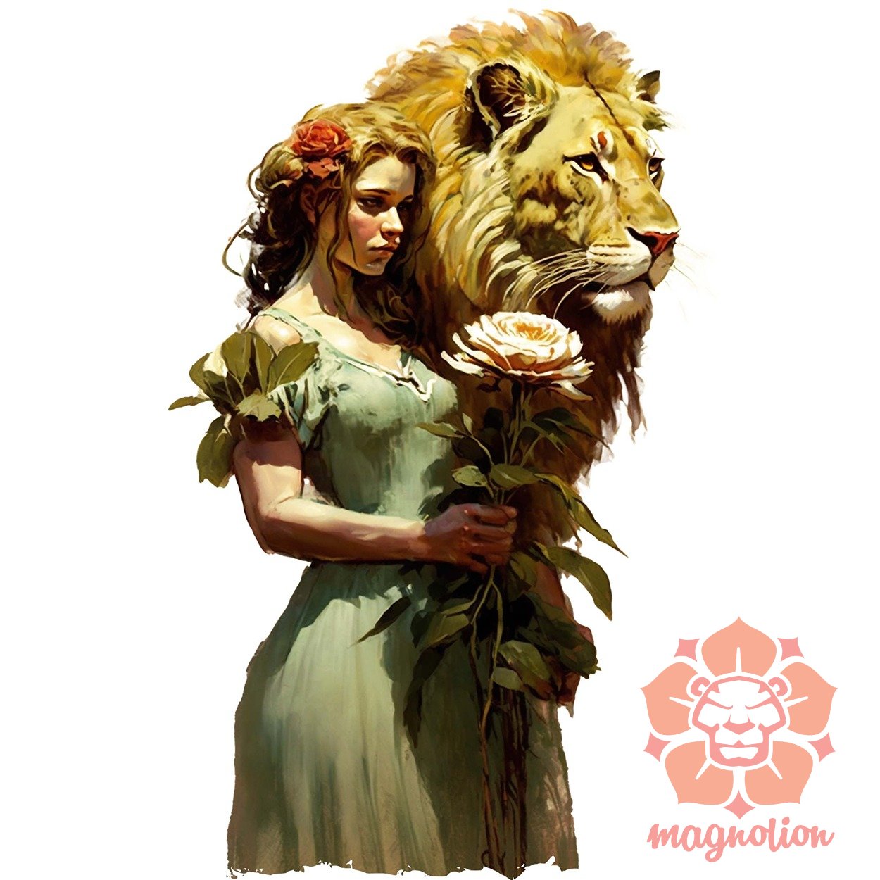 Nő és oroszlán és virágok v3