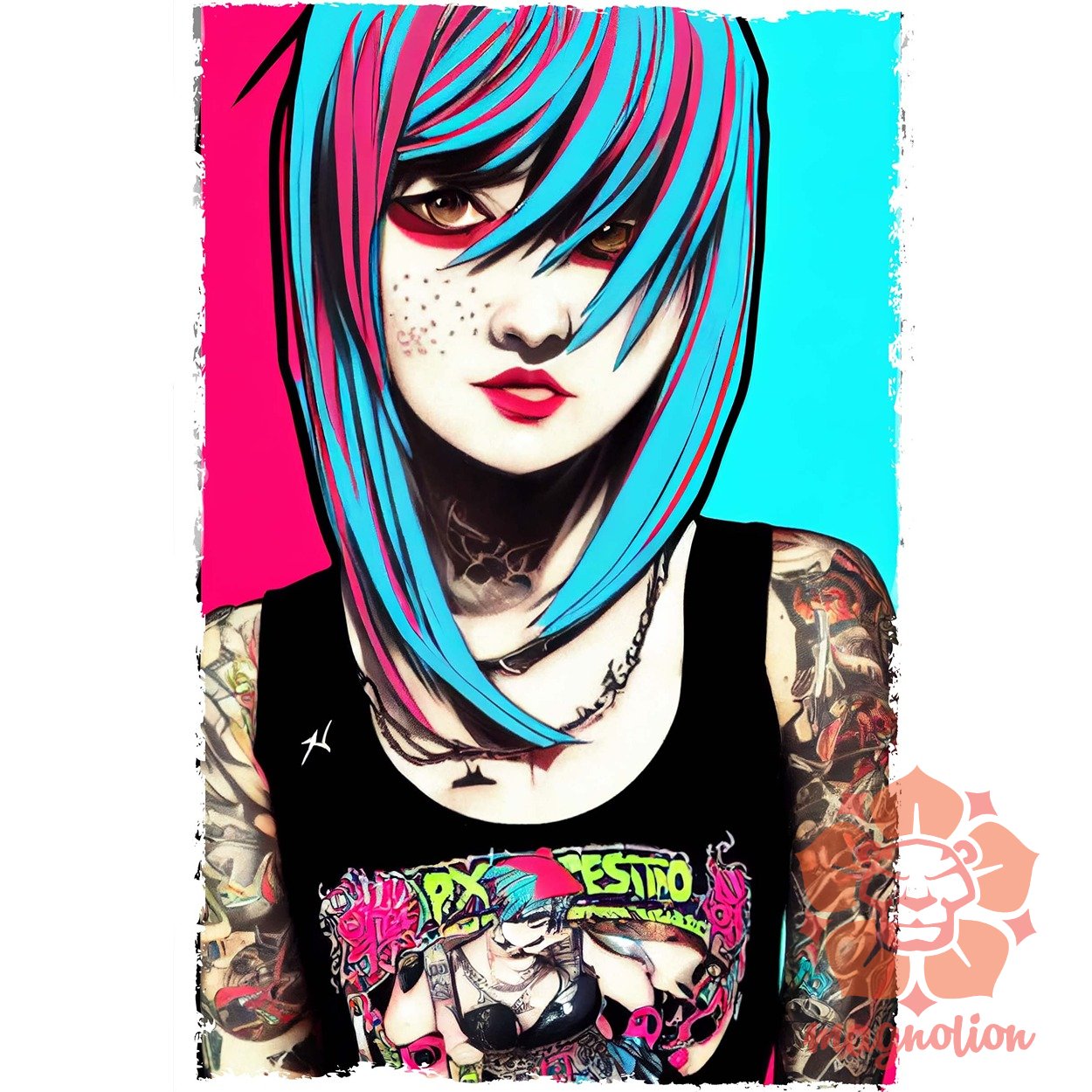 Pink és kék hajú tetovált punk lány